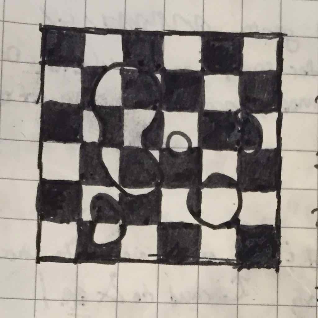 A warped checkerboard sketched on graph paper.