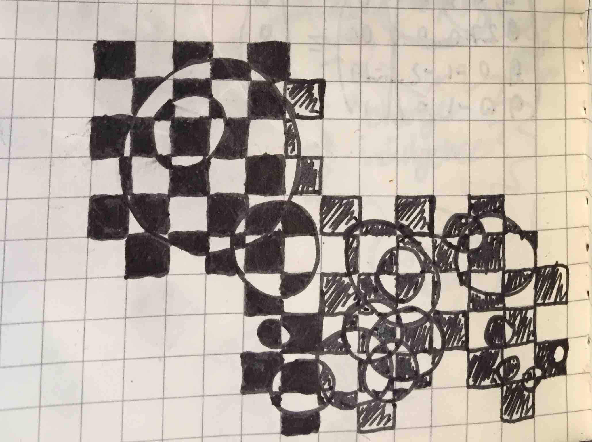 Several more warped checkerboards sketched on graph paper.