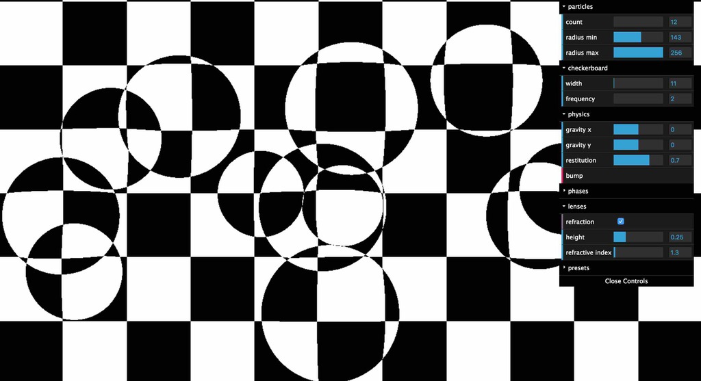 Checkerboard app, including an options menu with settings for particles, the checkerboard, gravity, the lens, and others.