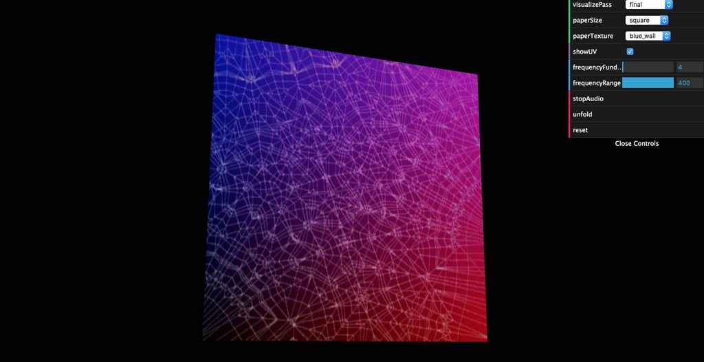 Folds app. In the main window, a blue and pink square has a complex pattern of creases. On the right is a settings menu, including variables and commands for visualization and sonification.