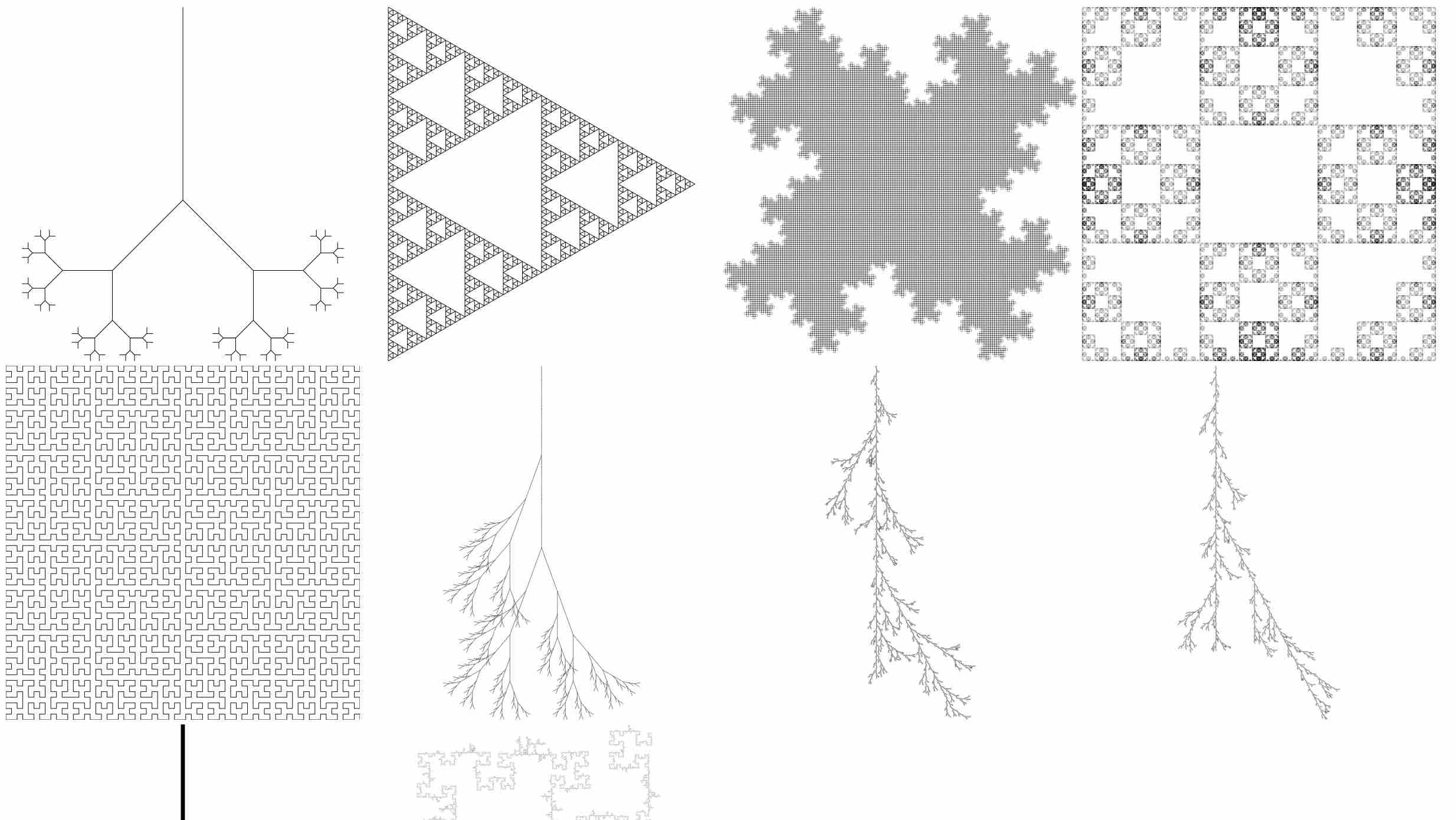 Robotanical app. Several fractals and branching plant-like structures arranged in a grid.