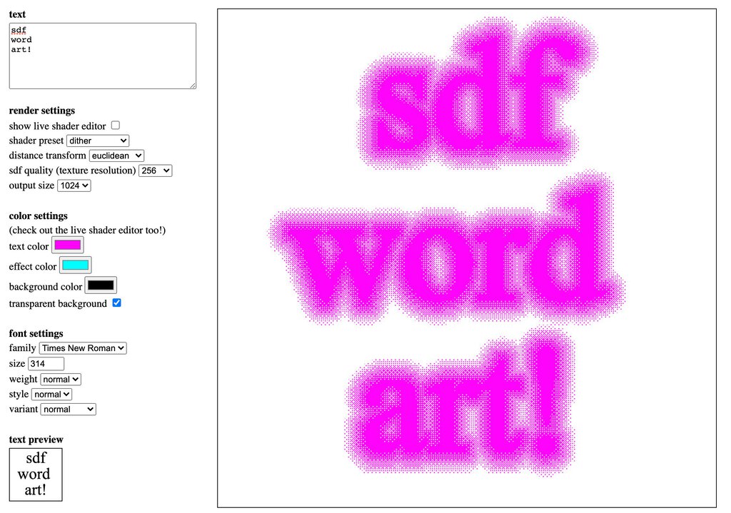 The sdf-text app. On the left are a number of font settings. On the right, the words 'sdf word art!' appear in two tone pink and white with a dithered halo.