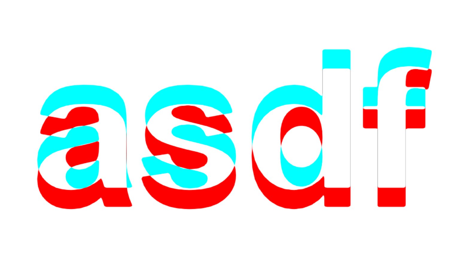 The letters 'asdf' printed three times in three colors (red, white, blue), overlapping