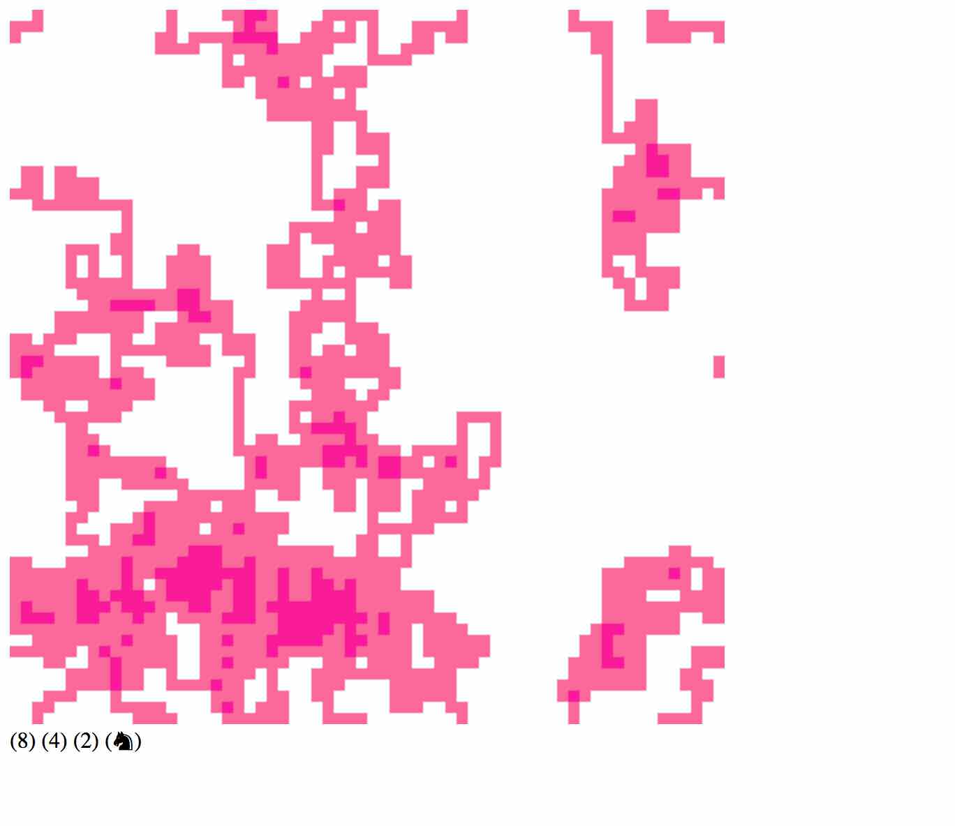 Walk app. Continents of pink pixels on a white background sit above the numbers 8, 4, 2, and an icon of a chess knight.