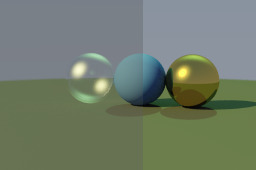 Three spheres: one glass, one matte, and one metallic, on a yellow ground. The left half of the image has duller colors than the right half.