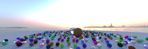 A mix of large and small spheres, seen from afar, reflecting a sunset by the sea